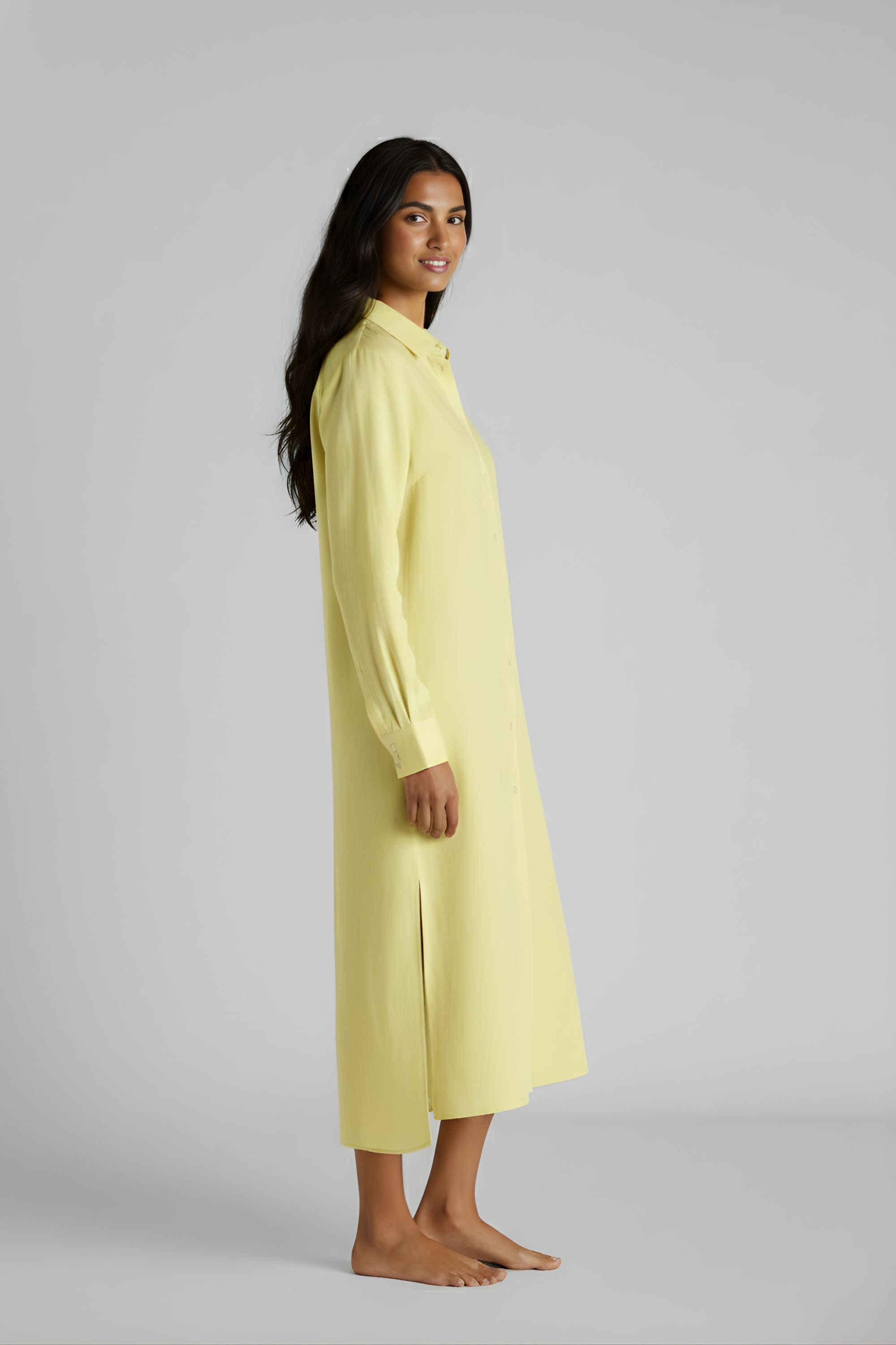 Side look of Sunshine Yellow sleep shirt showing relaxed fit and button-down styling. #color_Sunshine Yellow