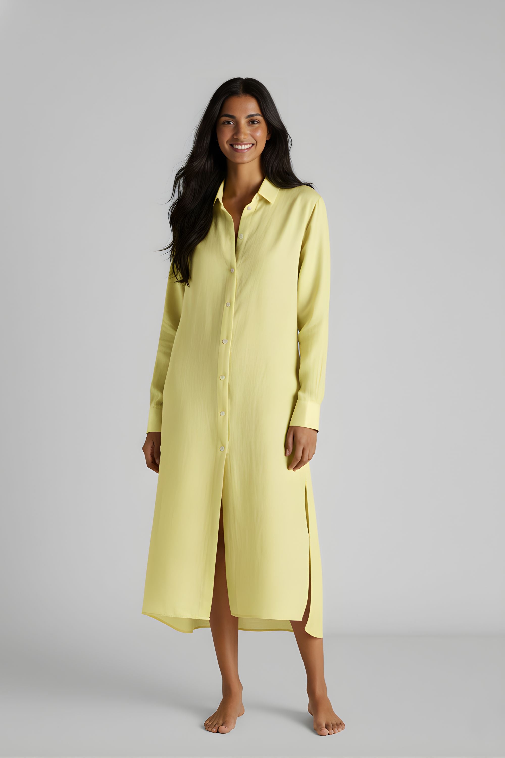 Front view of Koye Breeze Shirt Dress in Sunshine Yellow. #color_Sunshine Yellow