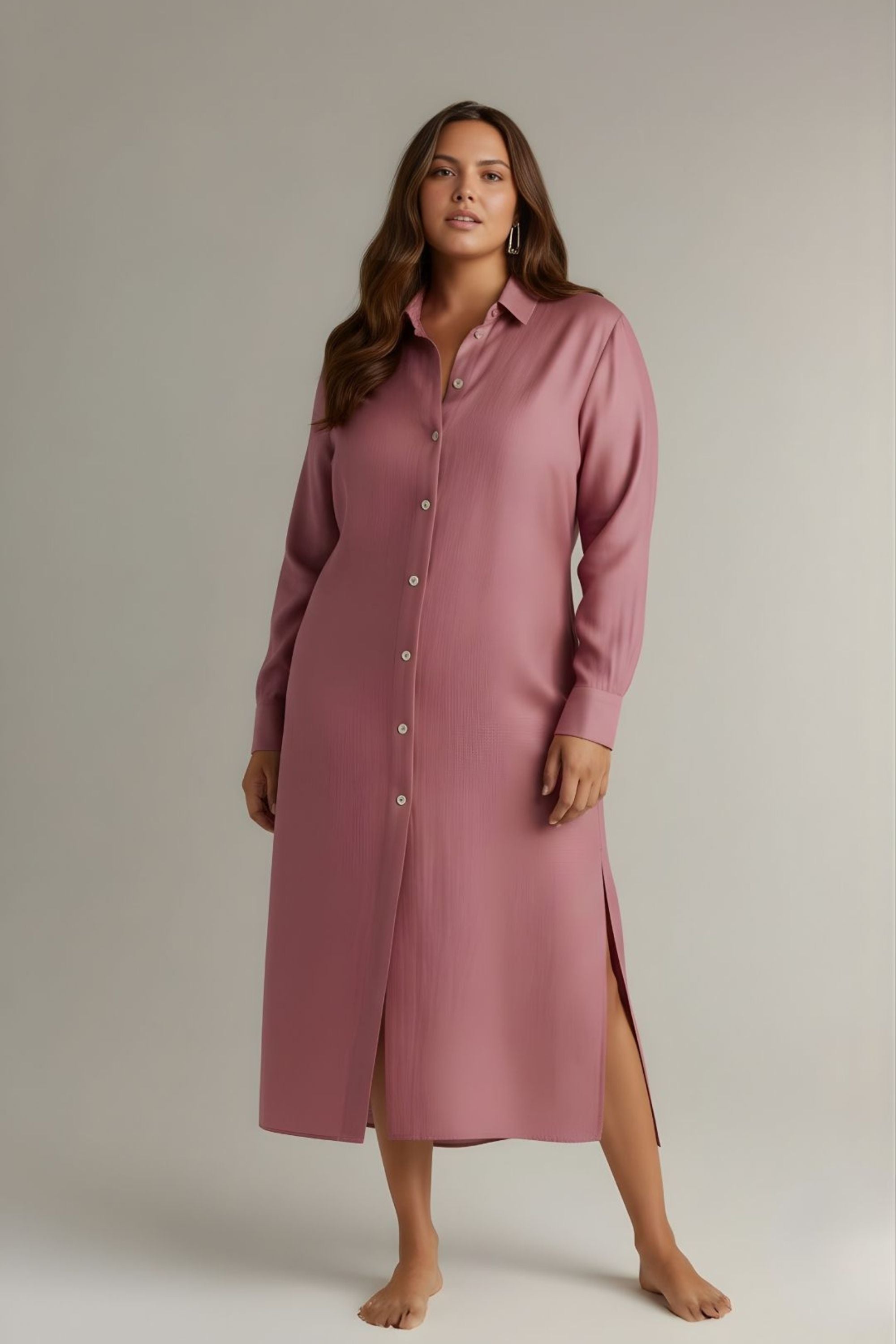 Front view of model wearing Koye Breeze Shirt Dress in Rosewood pink bamboo-hemp. #color_Rosewood 