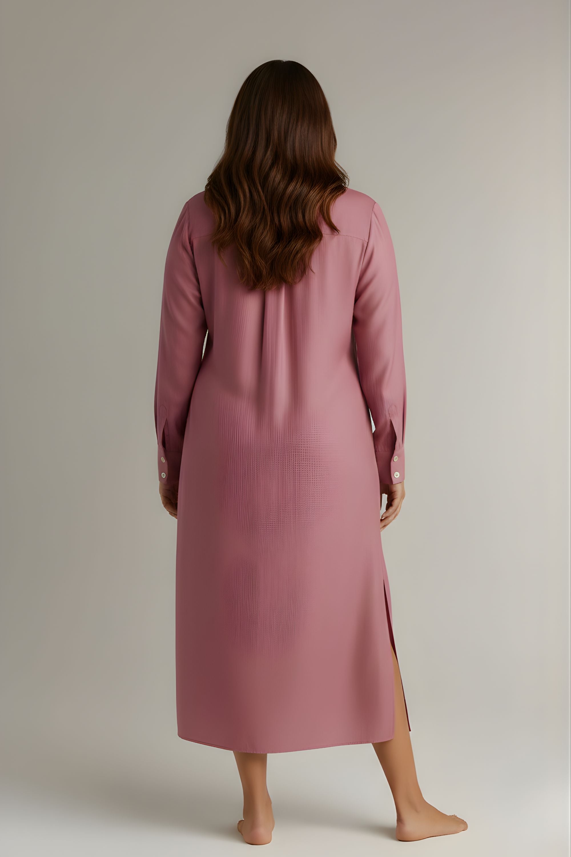Back view of women's long pink sleep shirt showing relaxed fit and back pleat detail. #color_Rosewood