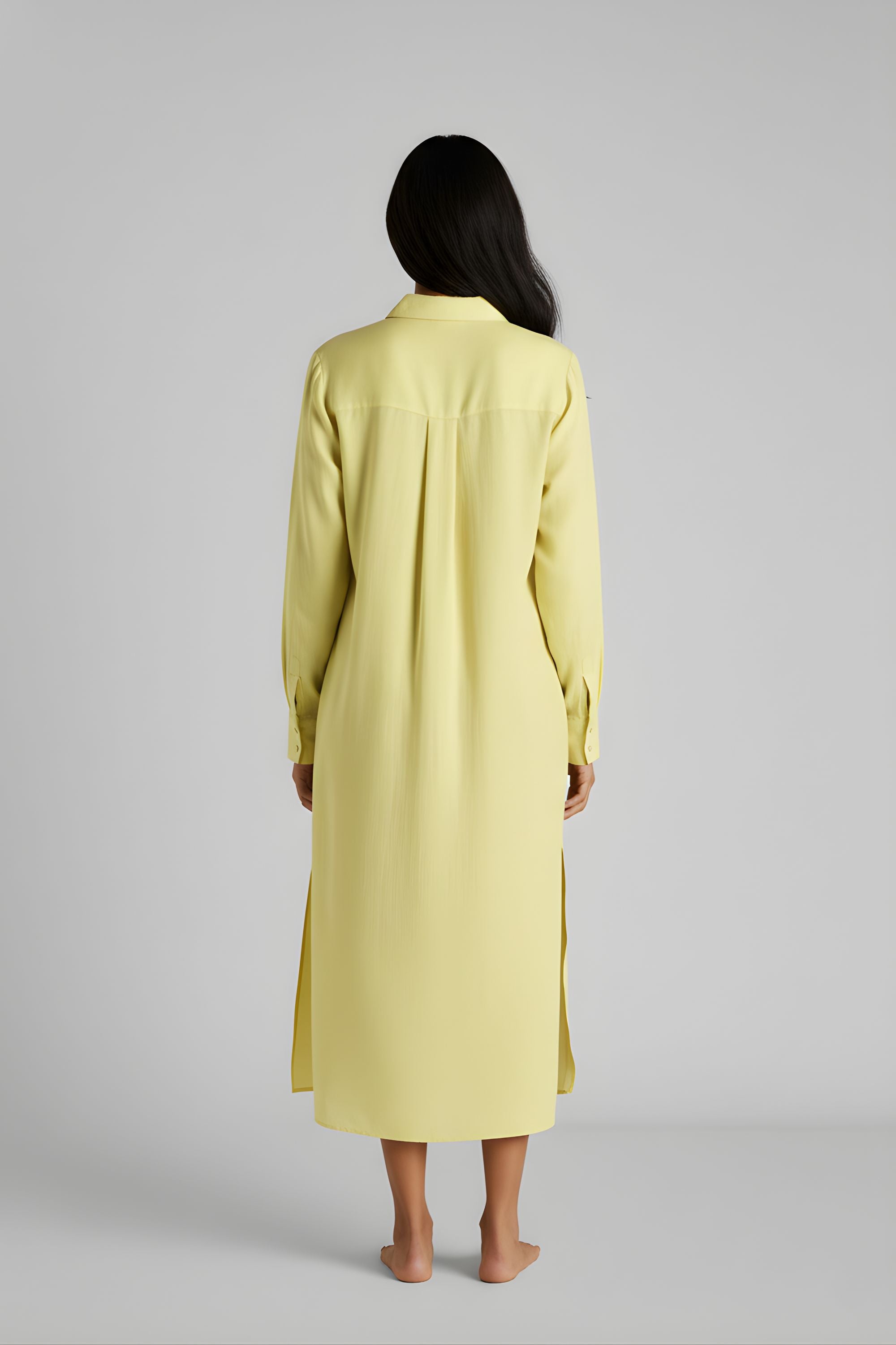Back view of yellow bamboo-hemp nightgown showing midi length and fluid drape. #color_Sunshine Yellow