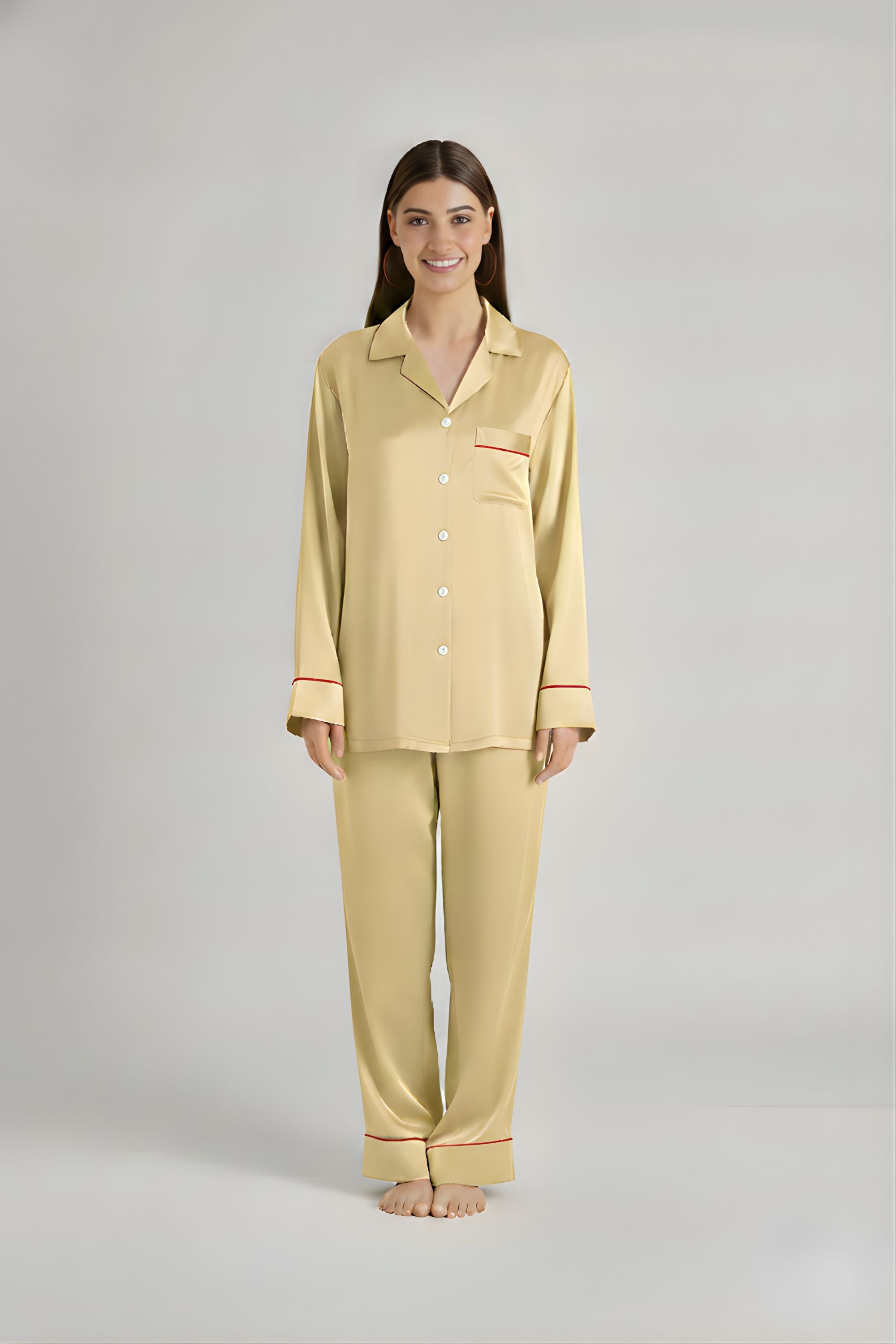 Front view of Koye Pause Pajama Set in Deep Oleev satin with button-down shirt. #color_Butter Yellow