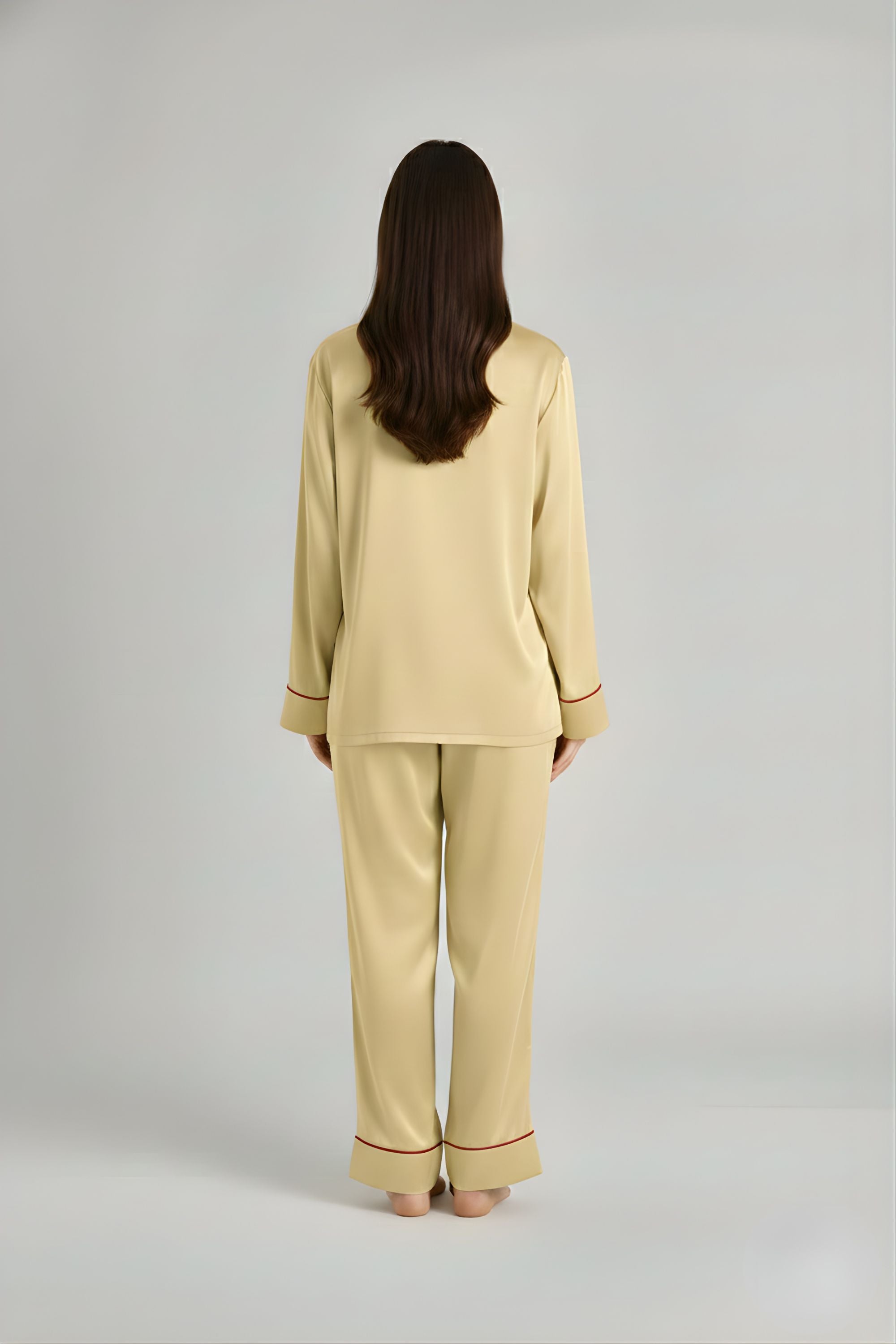 satin sleepwear set back profile showing fluid drape and relaxed fit. #color_Butter Yellow