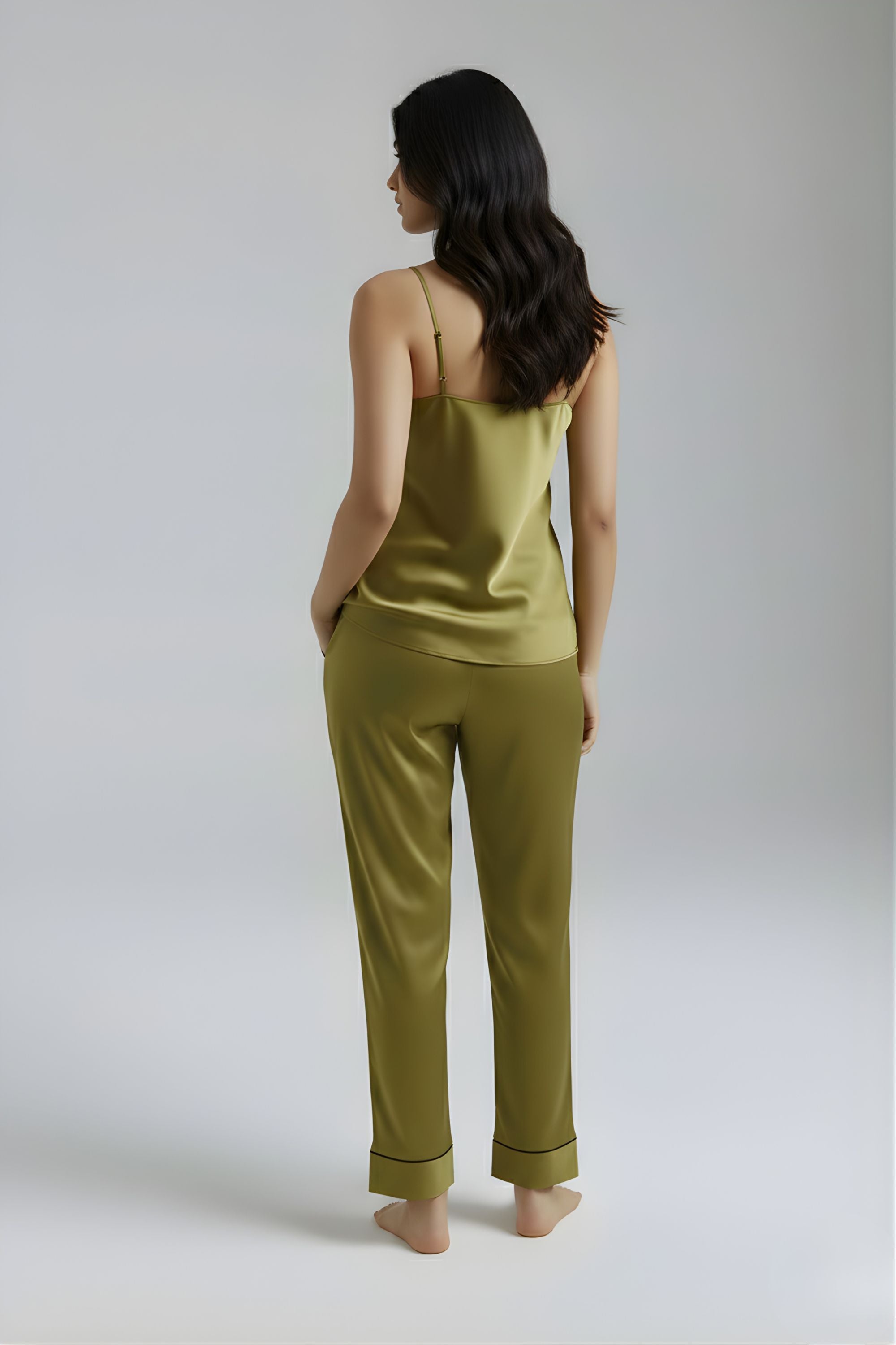 Back view of women's olive green satin cami top and pajama pants showing relaxed fit. #color_Deep Olive