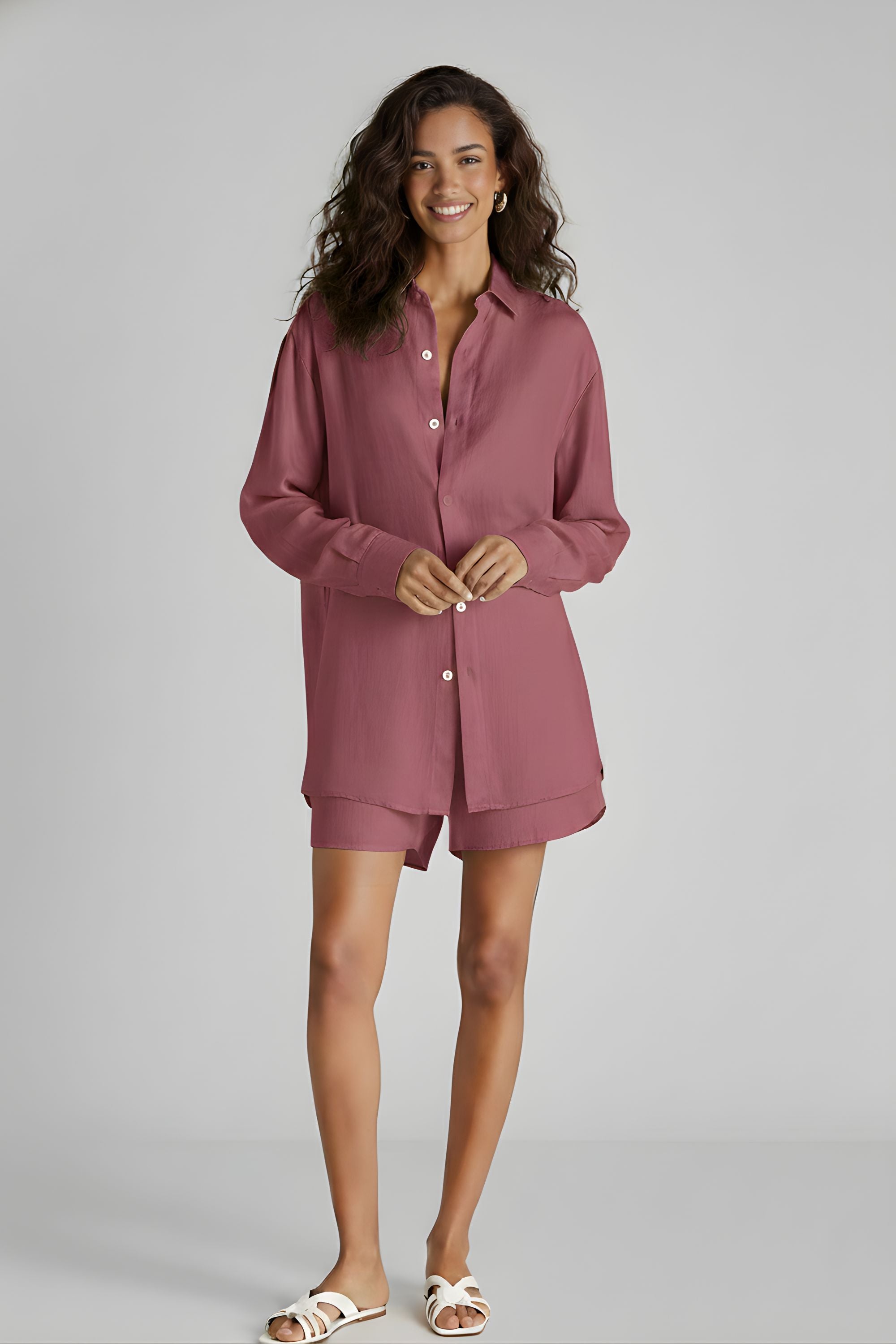 Front view of Play Shorts Set by Koye in Rosewood pink bamboo-hemp. #color_Rosewood