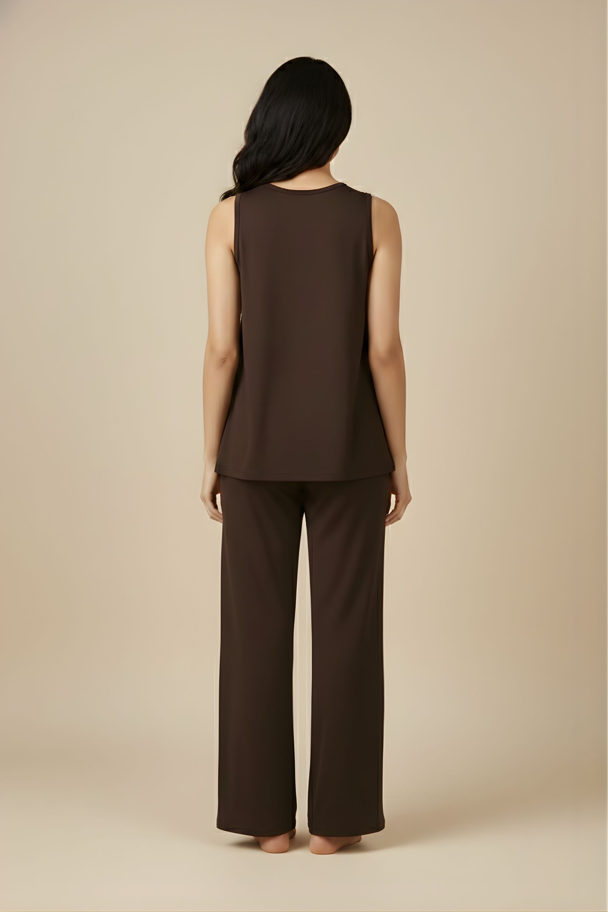 back profile of Koye Mocha sleeveless top and pajama set.