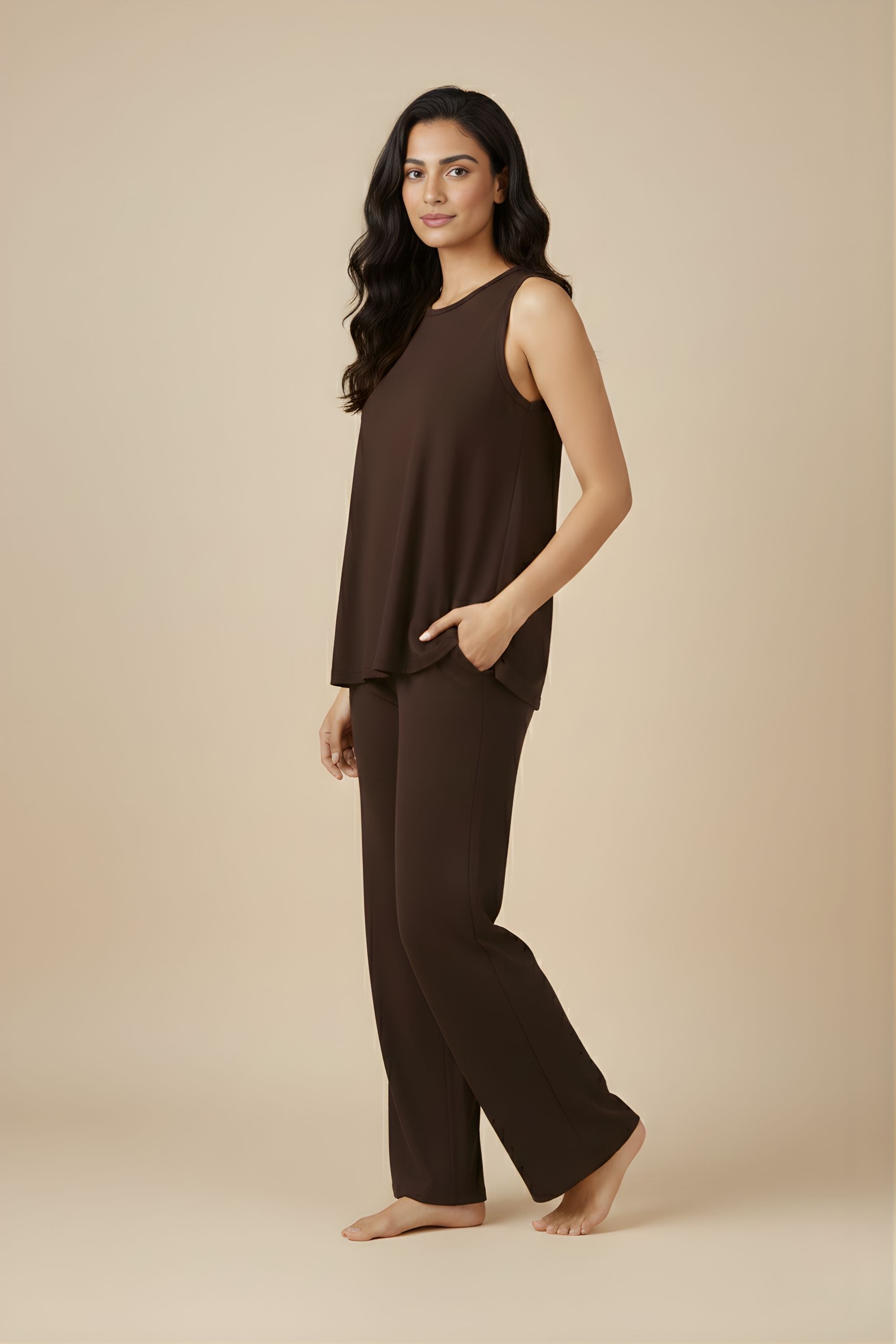 side profile of Koye Mocha sleeveless top and pajama set.