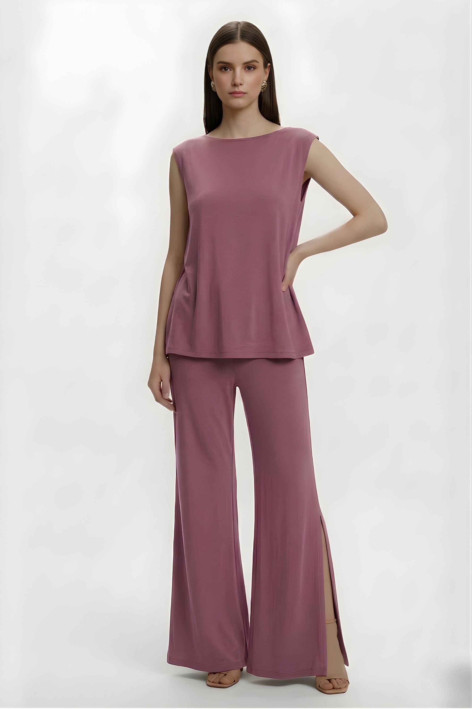 Front view of Koye Ease Lounge Set featuring a drop shoulder top and relaxed fit pyjamas. #color_Mellow Mauve