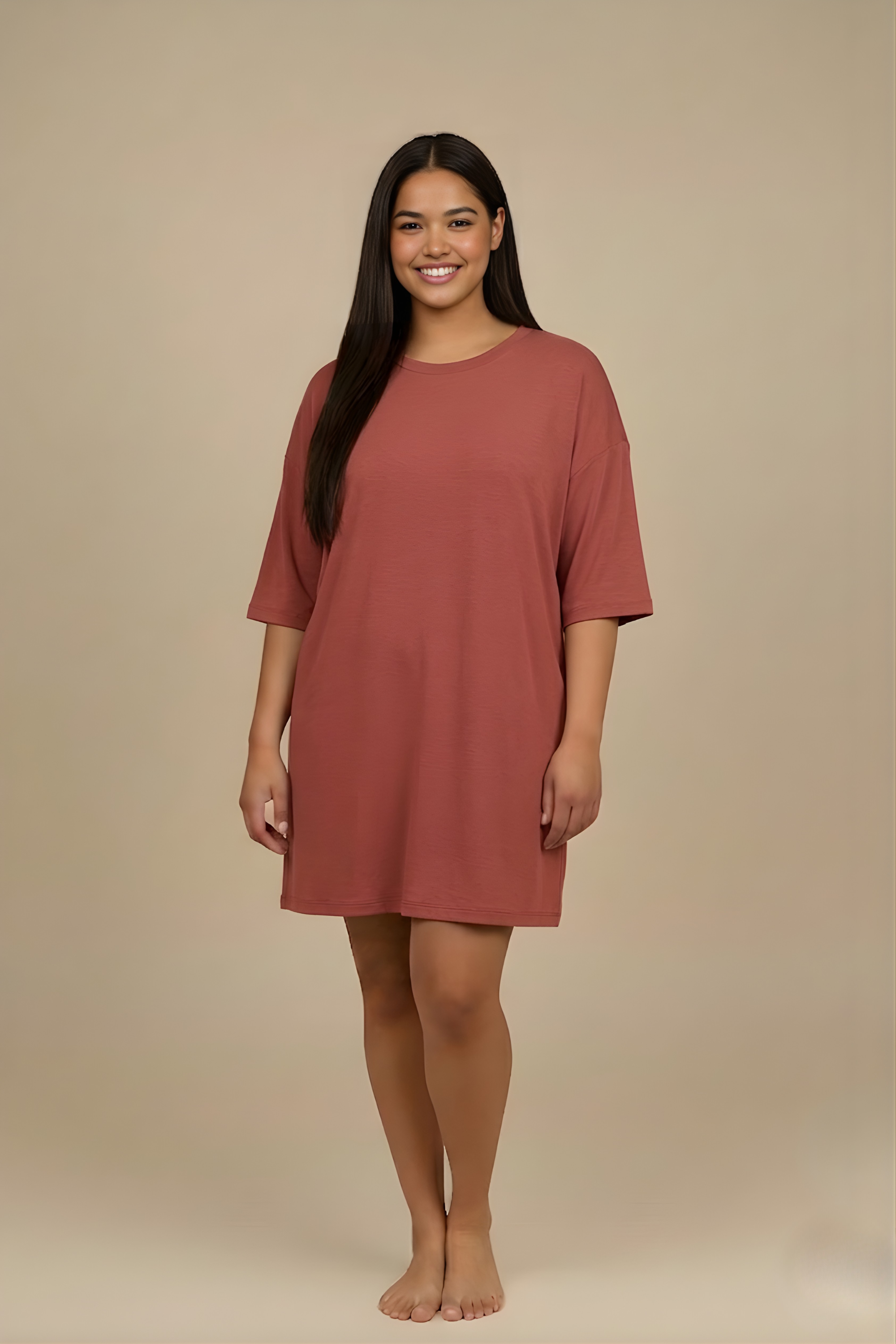 Full-length front view of Snug Oversized Dress in Dusky Mauve, made of a breathable bamboo-cotton blend. #color_Coral