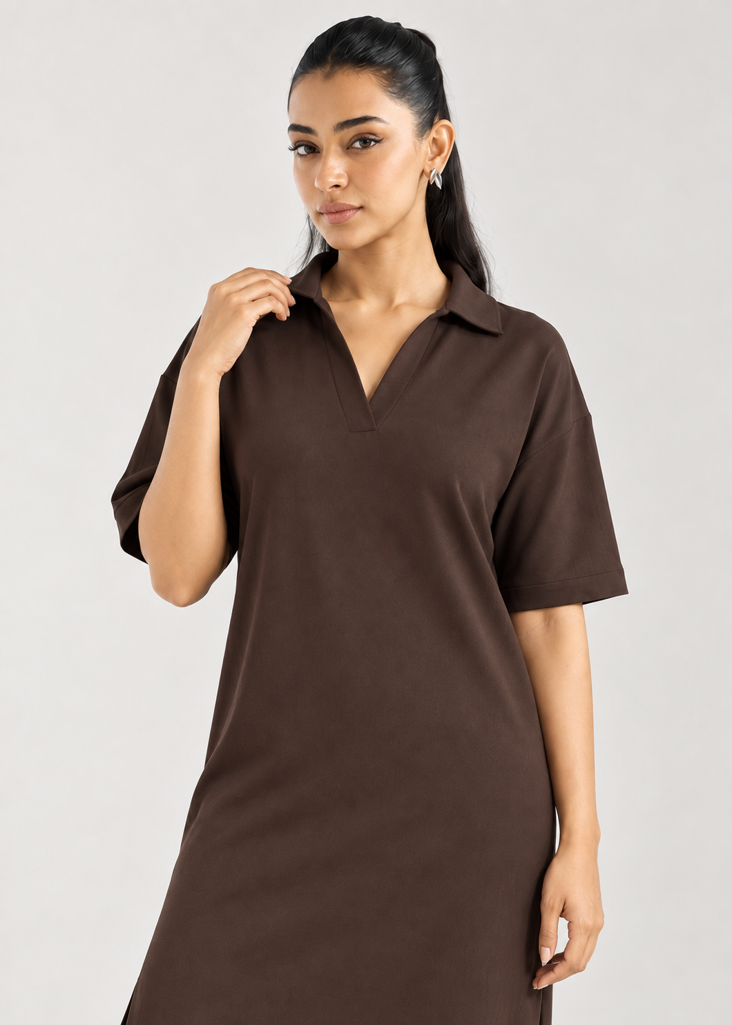 Lazy All Day Dress in Hot Chocolate - neckline close-up