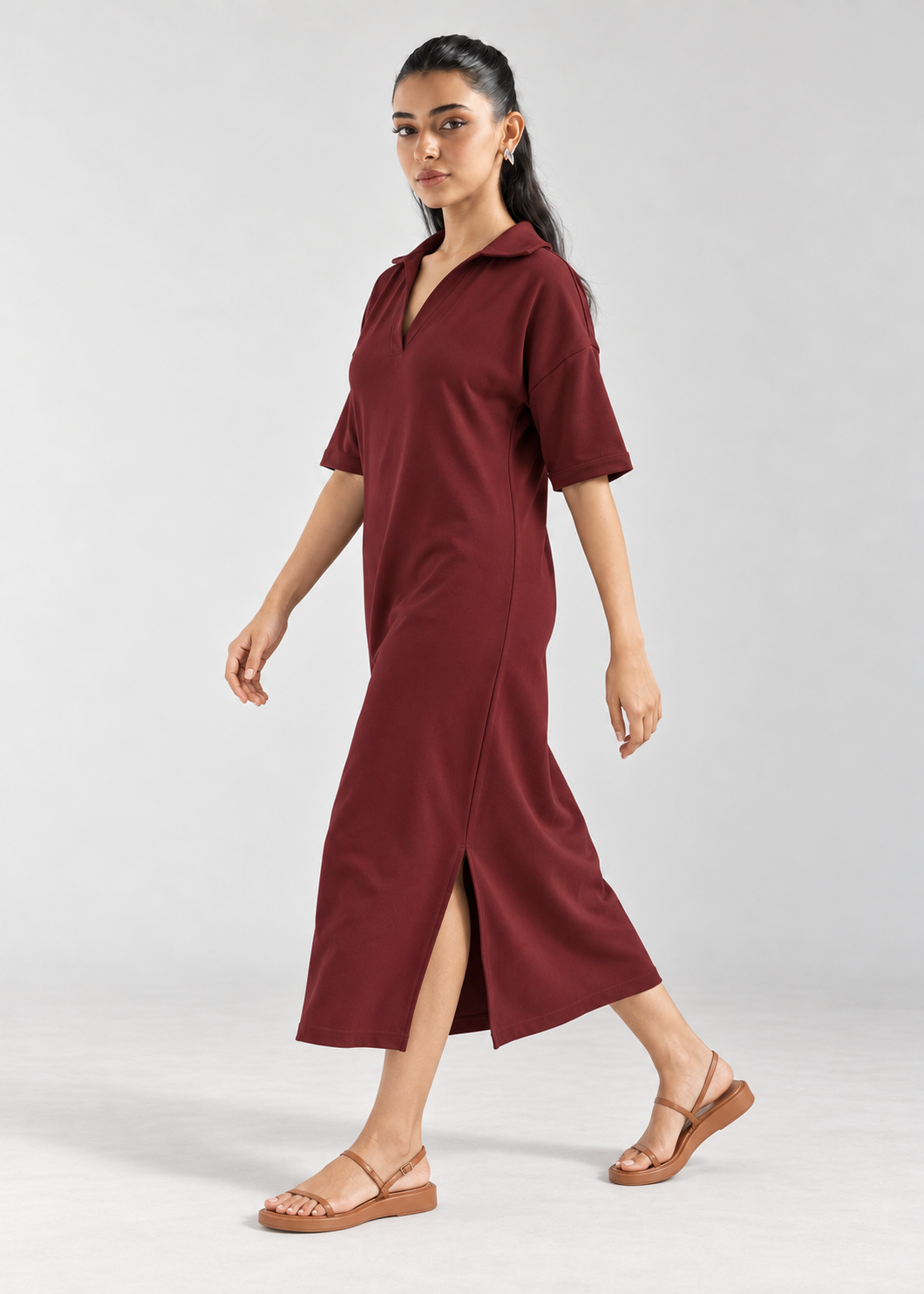 Lazy All Day Dress in Windsor Wine - side walking view