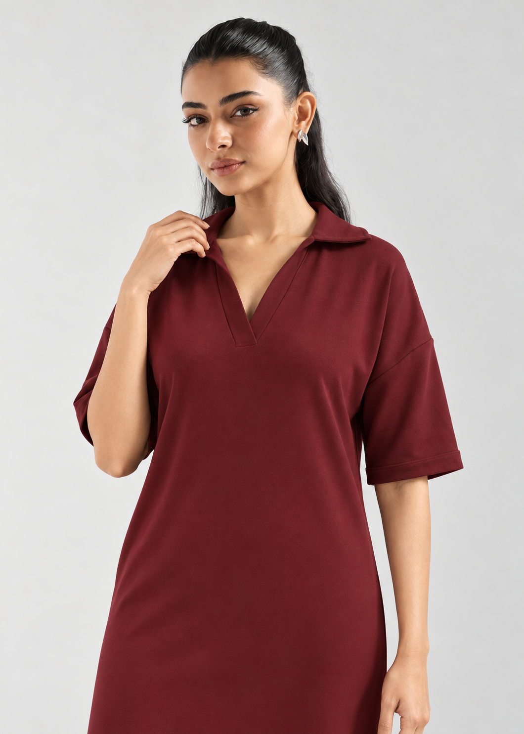 Lazy All Day Dress in Windsor Wine - neckline close-up