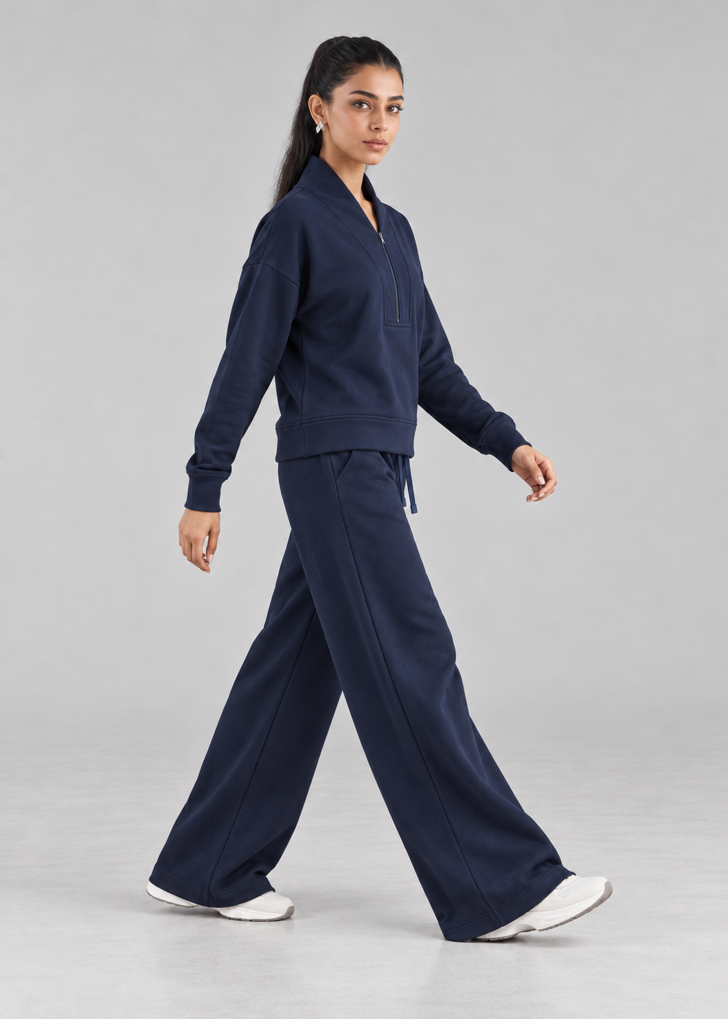 Retreat Fleece Bottom in Classic Navy - side walking view