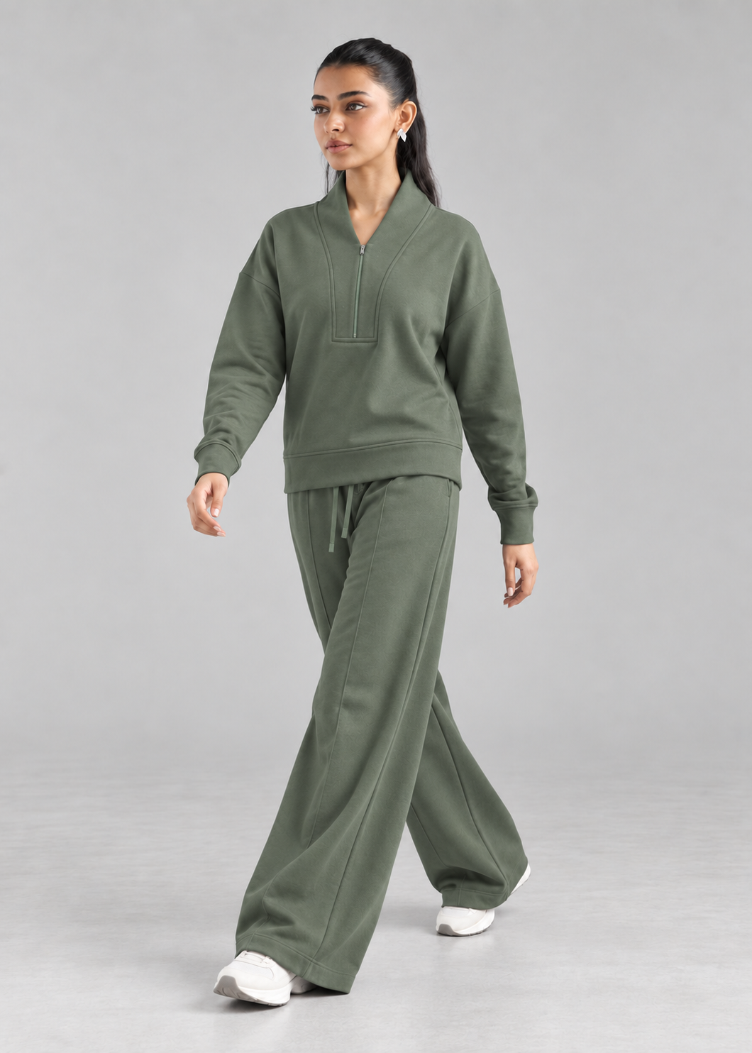 Retreat Fleece Bottom in Sage Green - side walking view
