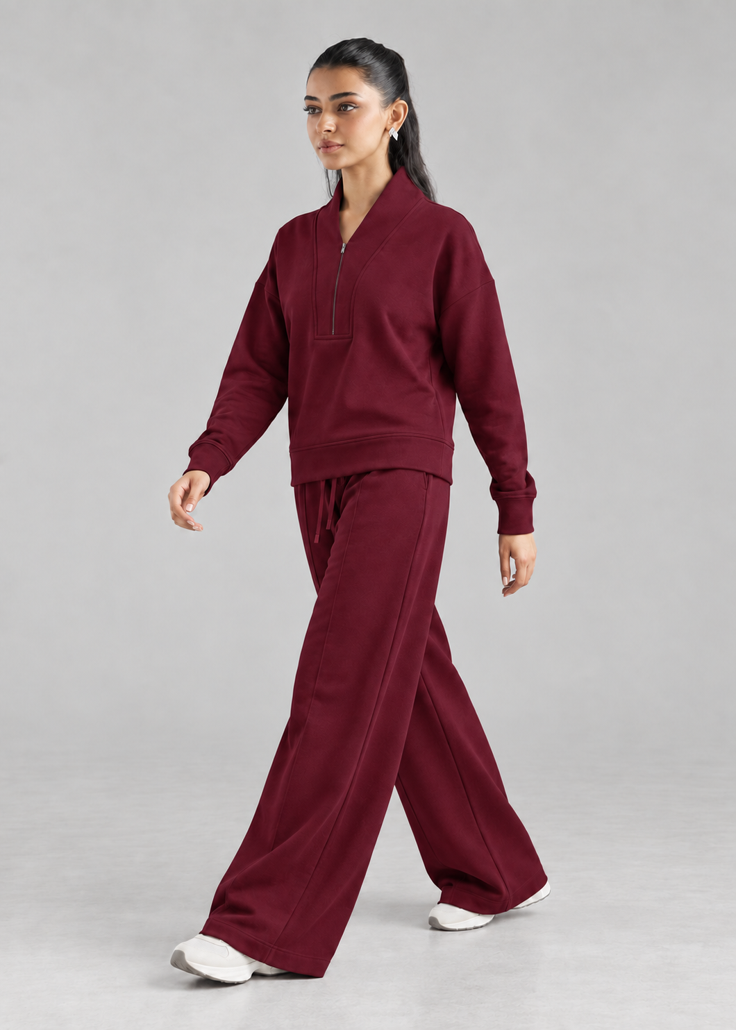 Retreat Fleece Bottom in Windsor Wine - side walking view